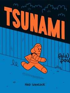 Cover of Tsunami written in larger blocky, slanted orange text with a orange figure running across the cover with a blue fence behind.
